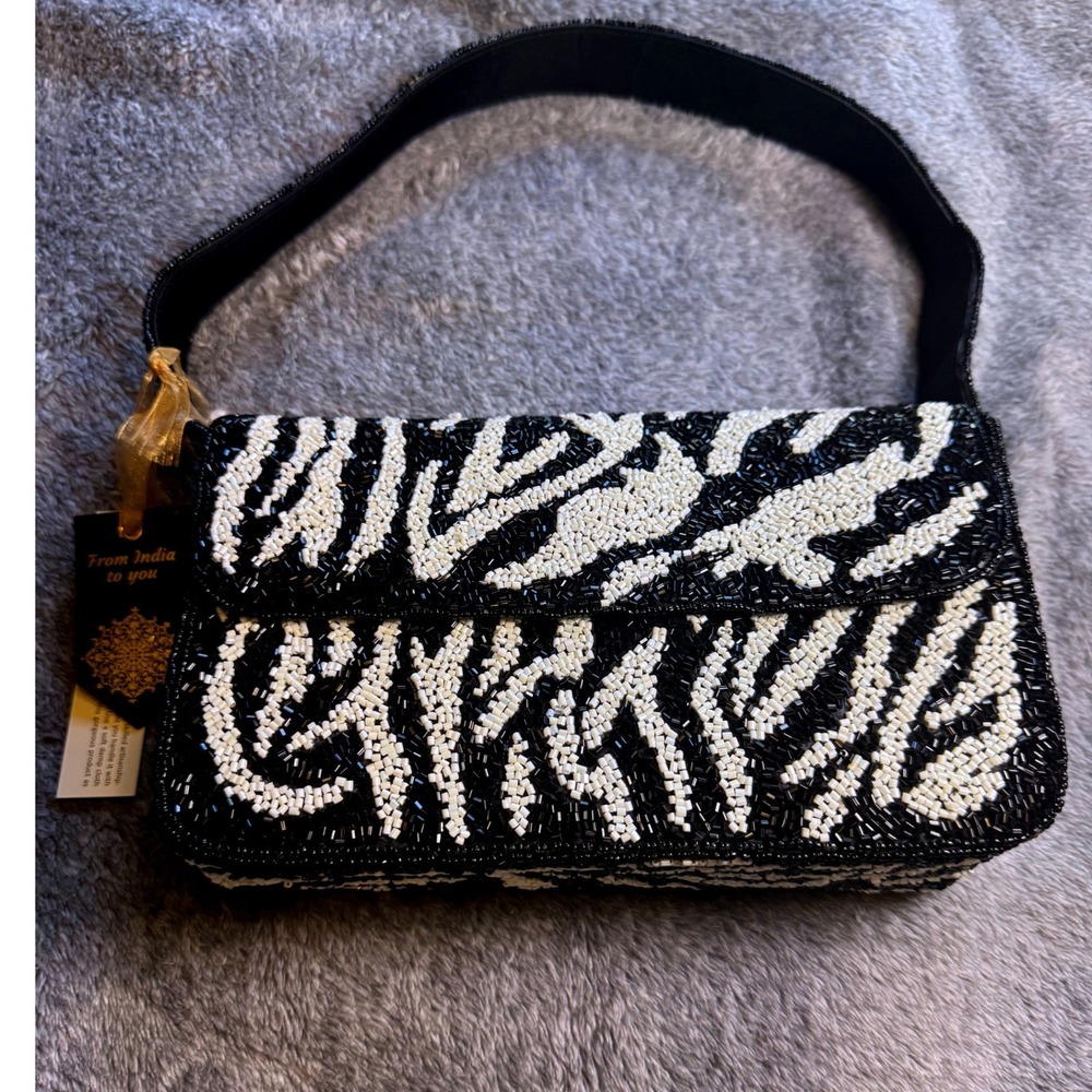 Handmade Beaded Zebra Print Shoulder Bag Black White Animal Print Flap Purse NWT